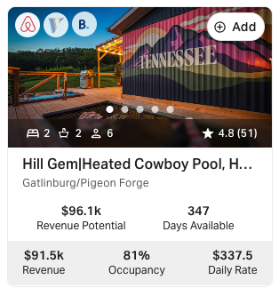 AirDNA card for Hill Gem — $91.5k revenue, 81% occupancy, $337.50 daily rate