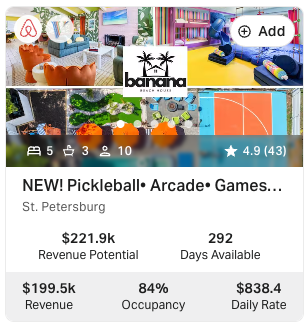 AirDNA card for Banana Beach House — $199.5k revenue, 84% occupancy, $838.40 daily rate